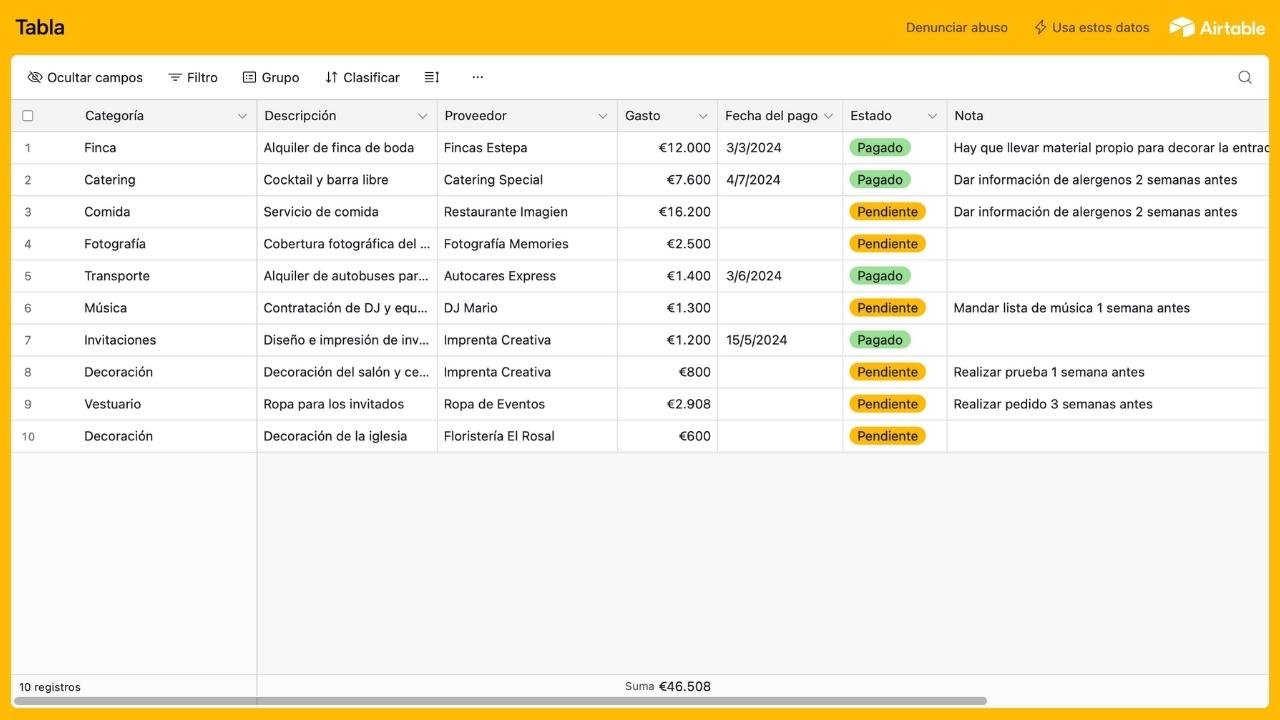 tabla de gastos de proveedores de boda en Airtable