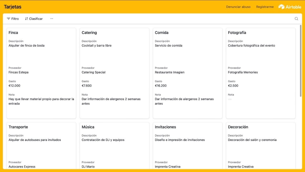 tarjetas de proveedores de boda en Airtable