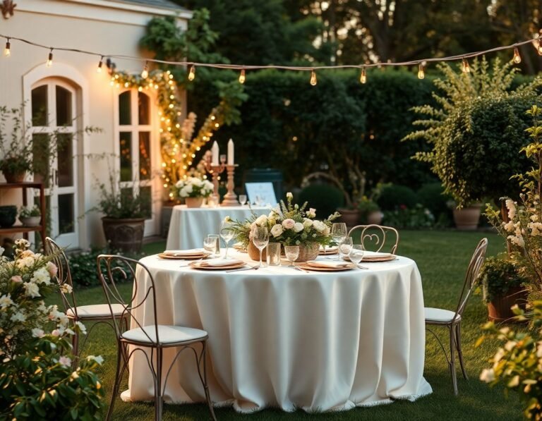 Boda soñada en un jardín elegante con mesa decorada en tonos pastel y luces de hadas