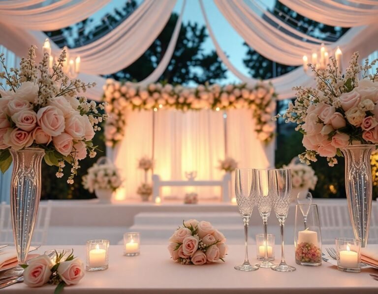 composición de boda soñadora con flores elegantes y altar romántico en tonos suaves