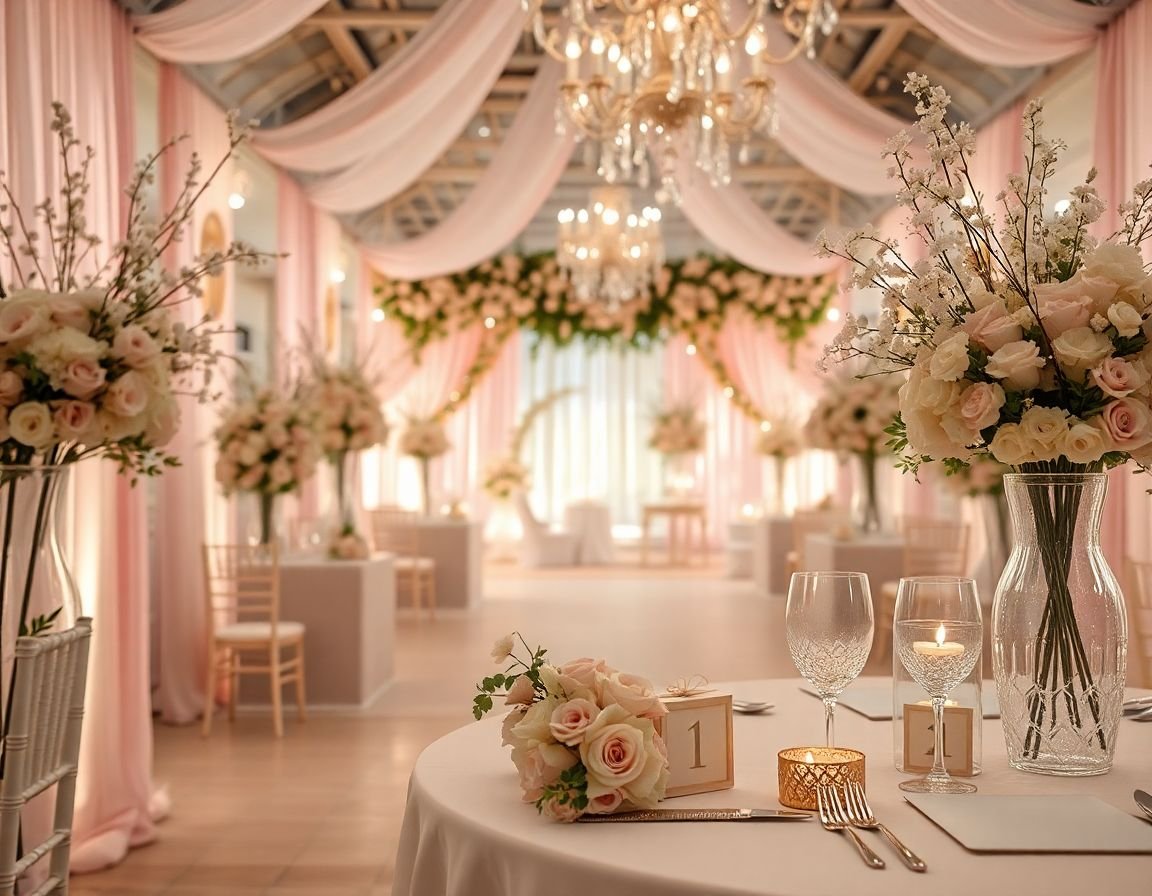 escena de boda soñadora con decoración elegante y tonos pastel en un ambiente romántico y etéreo