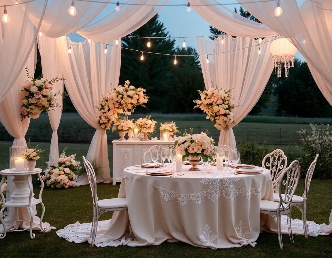 escena de boda soñadora en tonos pastel con arreglos florales delicados y un ambiente romántico al aire libre