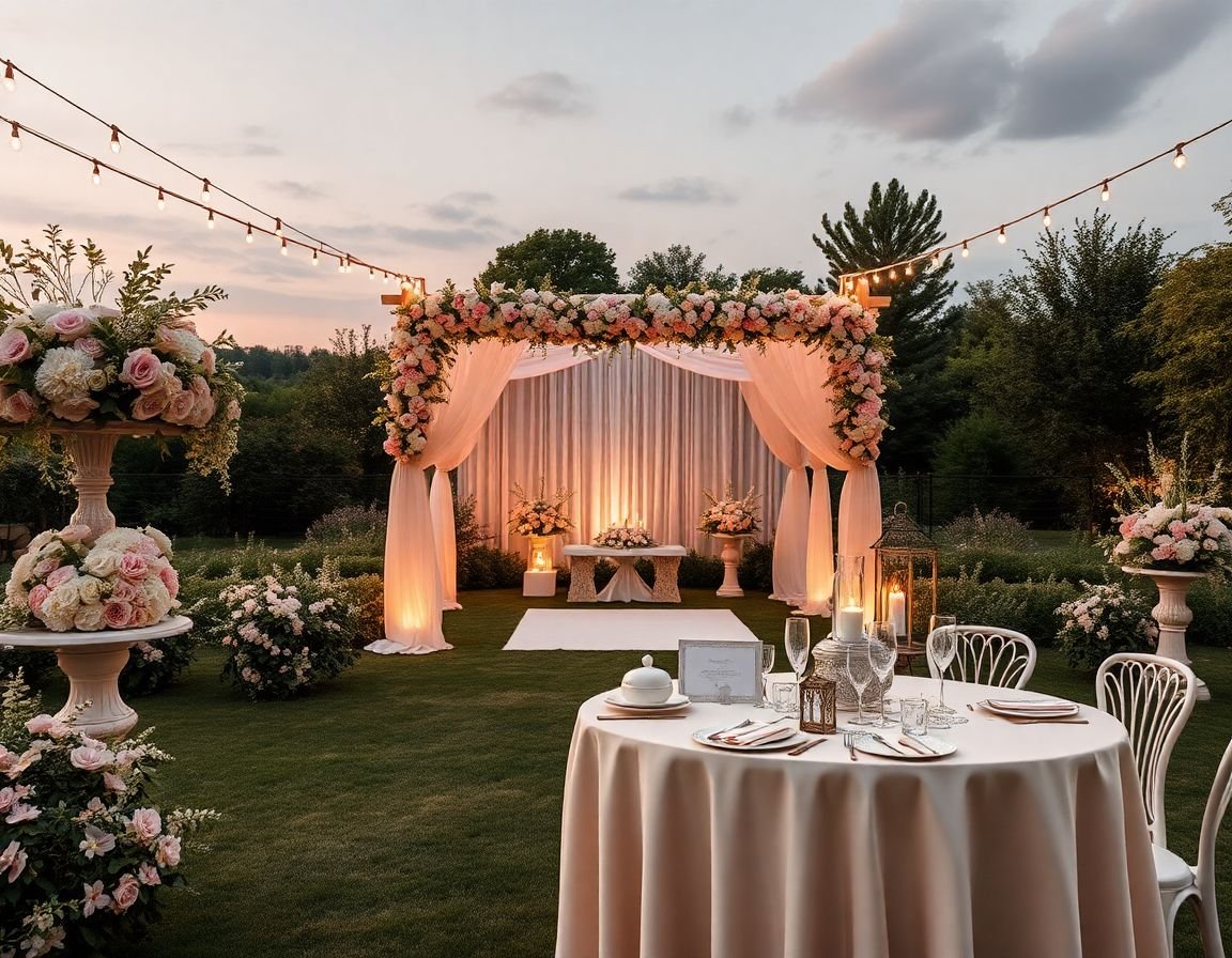 paisaje de ensueño con decoración de boda al aire libre en tonos pastel y neutros