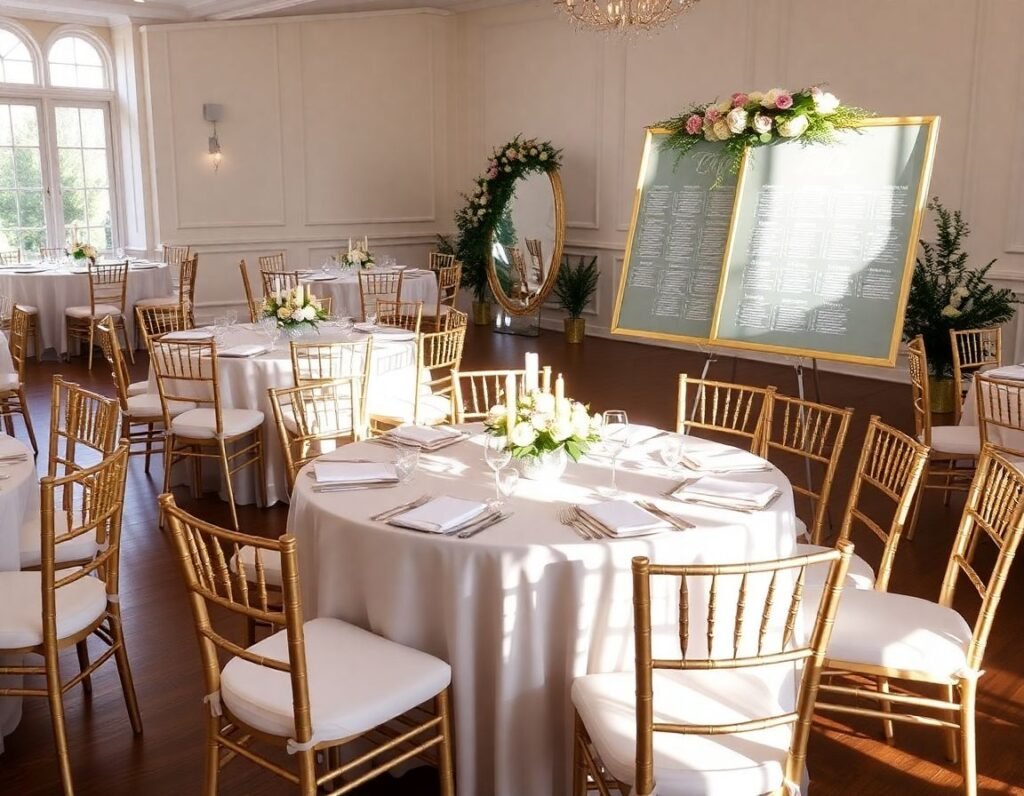 Decoración de boda serena con mesas redondas en tonos pastel y centros de flores elegantes