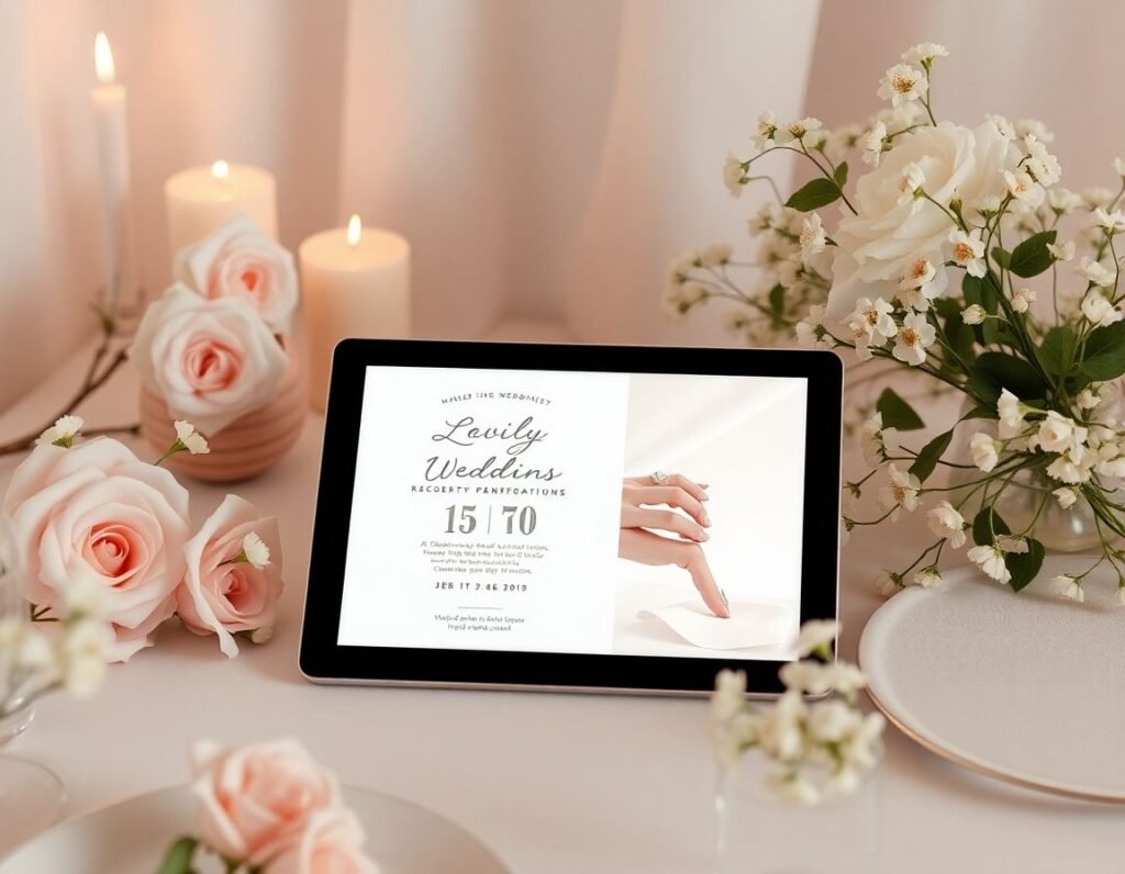 Invitación de boda moderna en tablet con flores delicadas y decoración minimalista en tonos pasteles