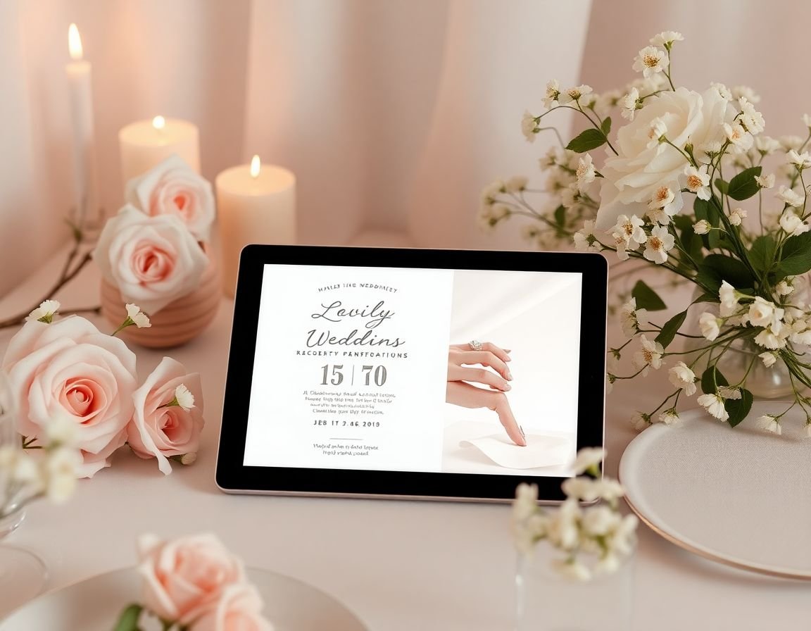 Invitación de boda moderna en tablet con flores delicadas y decoración minimalista en tonos pasteles