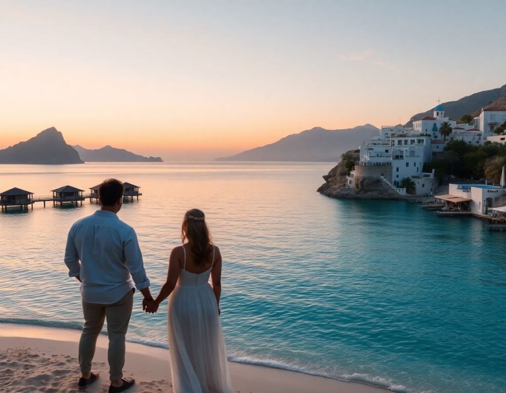 Una pareja romántica disfruta de un atardecer en una playa tropical con bungalows de lujo y un encantador pueblo mediterráneo al fondo.