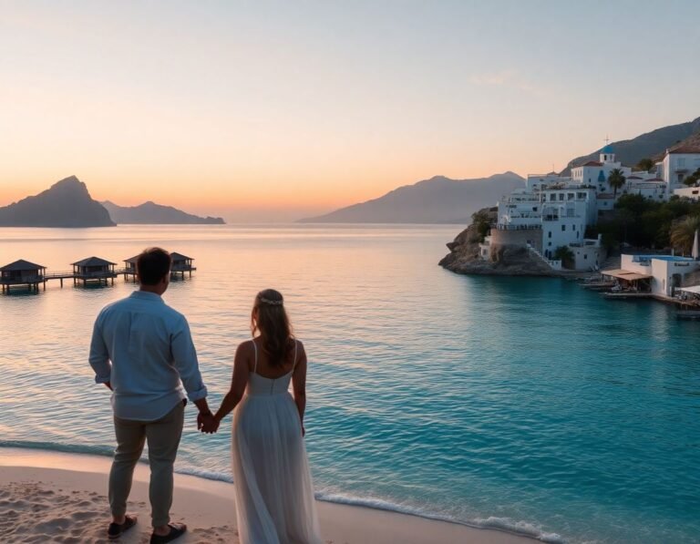 Una pareja romántica disfruta de un atardecer en una playa tropical con bungalows de lujo y un encantador pueblo mediterráneo al fondo.